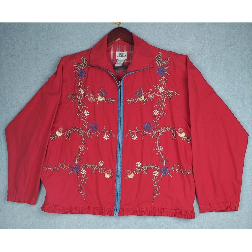 Vintage Koret City Blues Shirt Jacket Womens Medium Red Stitch Floral Full‎ Zip